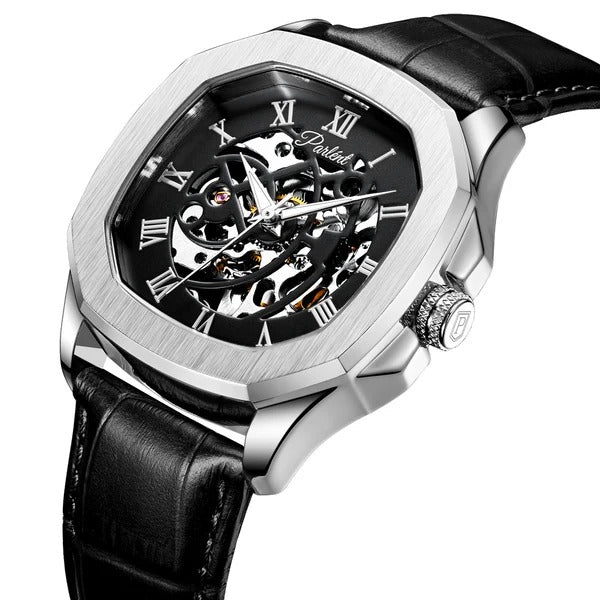 Parlend Roman Skeleton Automatic Watch for Men – Black Dial | Leather Strap | Luxury Mechanical Timepiece