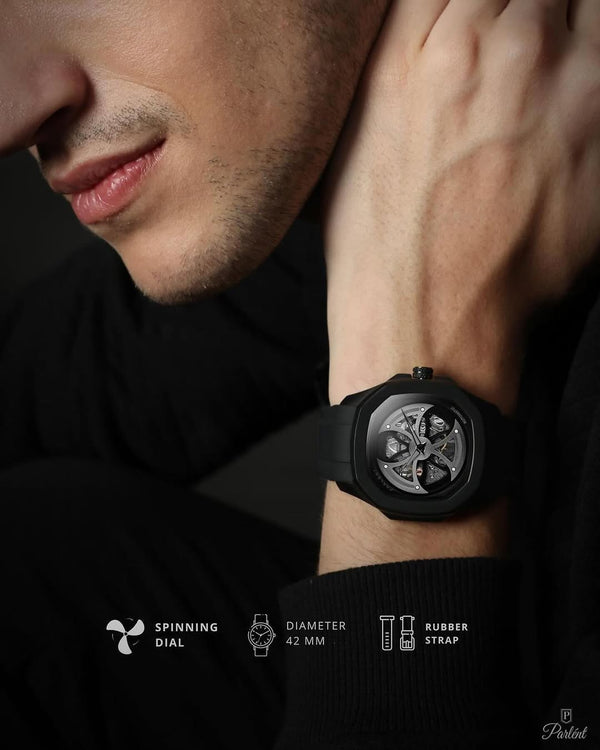 Luxury Matte Black Skeleton Automatic Watch for Men Futuristic Hexagonal Dial Premium Sports Edition