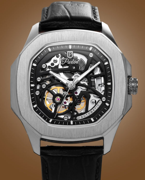 Parlend Skeleton Automatic Luxury Watch for Men – Stainless Steel Case | Transparent Dial | Leather Strap