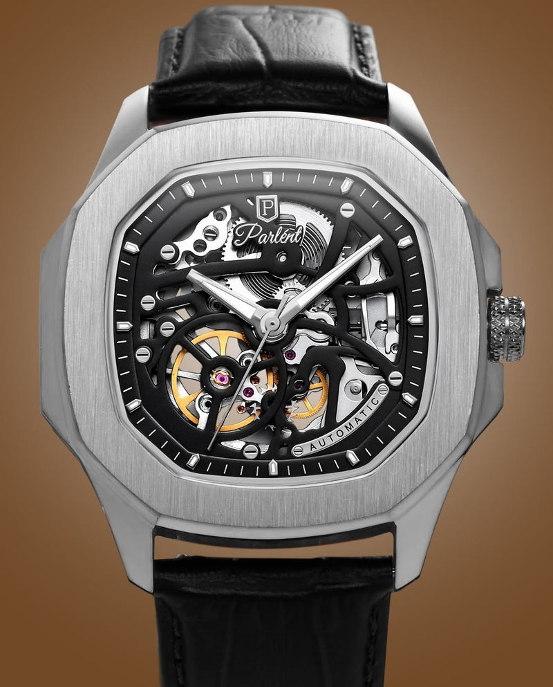Parlend Skeleton Automatic Luxury Watch for Men – Stainless Steel Case | Transparent Dial | Leather Strap