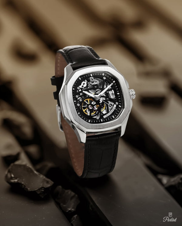 Parlend Skeleton Automatic Luxury Watch for Men – Stainless Steel Case | Transparent Dial | Leather Strap