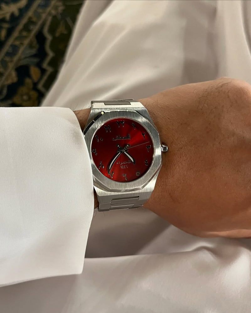 Arabic Red Dial Luxury Watch – Stainless Steel | Arabic Numerals | Classic Men’s Wristwatch