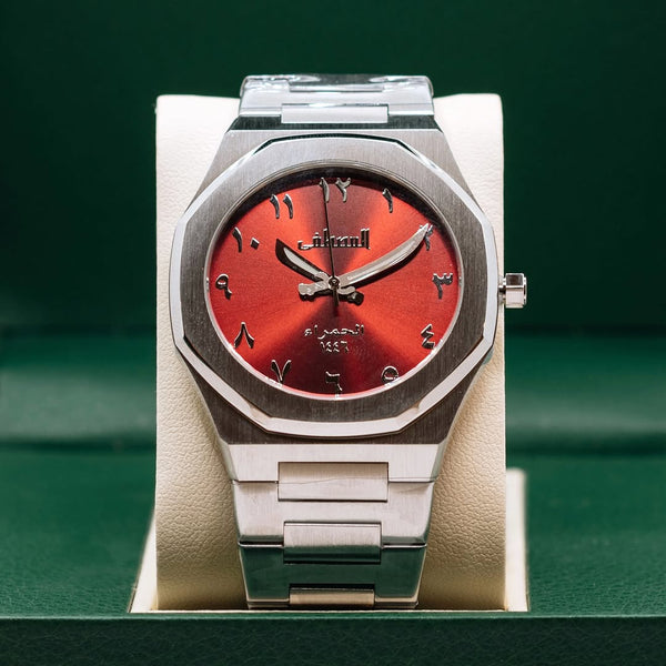 Arabic Red Dial Luxury Watch – Stainless Steel | Arabic Numerals | Classic Men’s Wristwatch