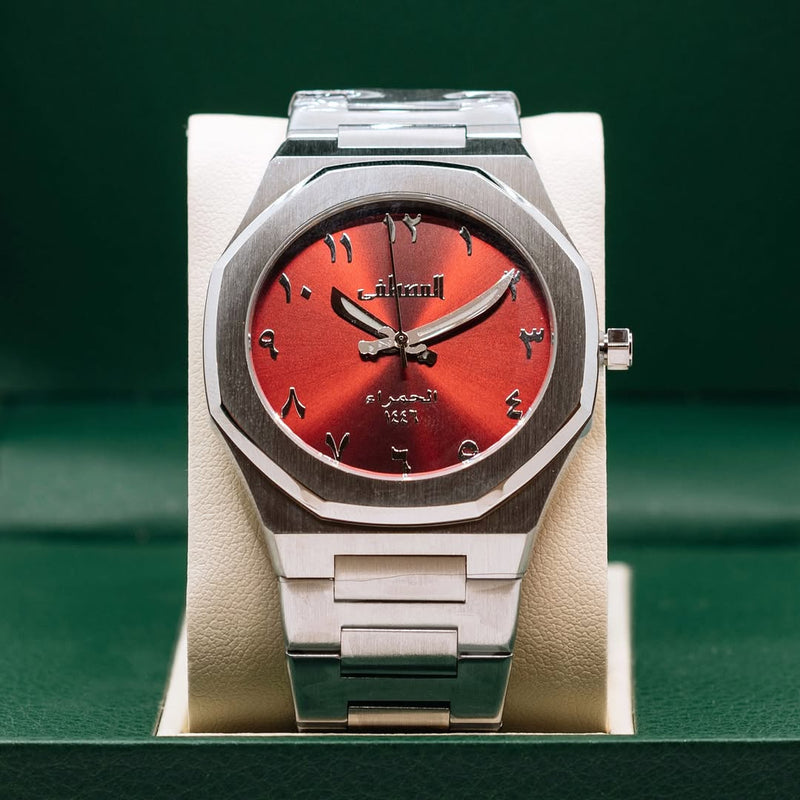 Arabic Red Dial Luxury Watch – Stainless Steel | Arabic Numerals | Classic Men’s Wristwatch