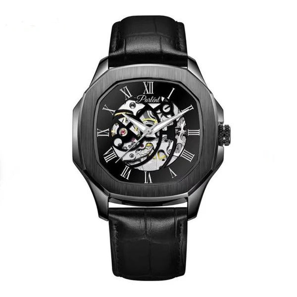 Parlend Roman Skeleton Automatic Watch for Men – Black Dial | Leather Strap | Luxury Mechanical Timepiece